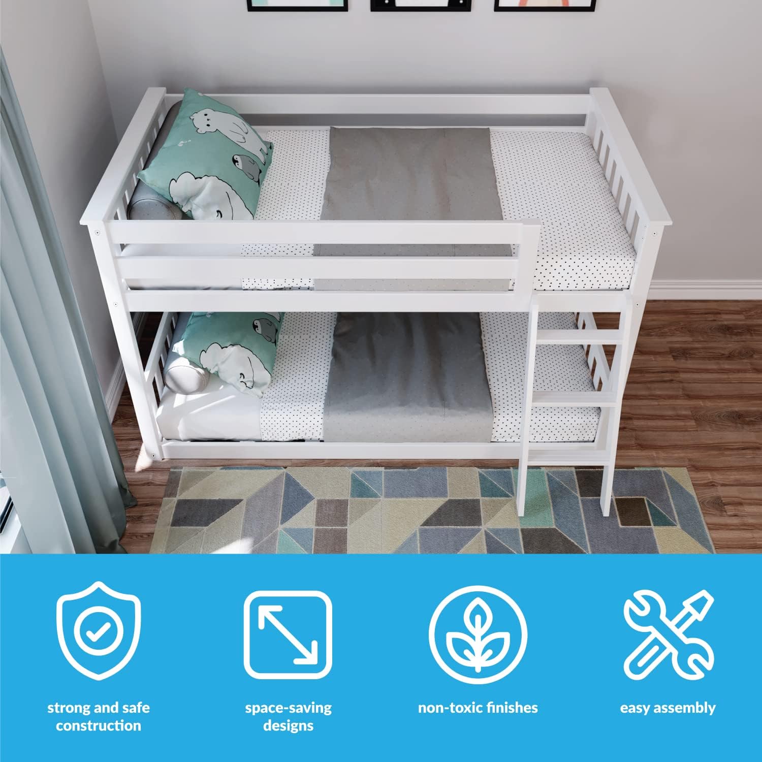Max & Lily Twin Over Twin Low Bunk Bed with Ladder, Wooden Bunk beds - $240