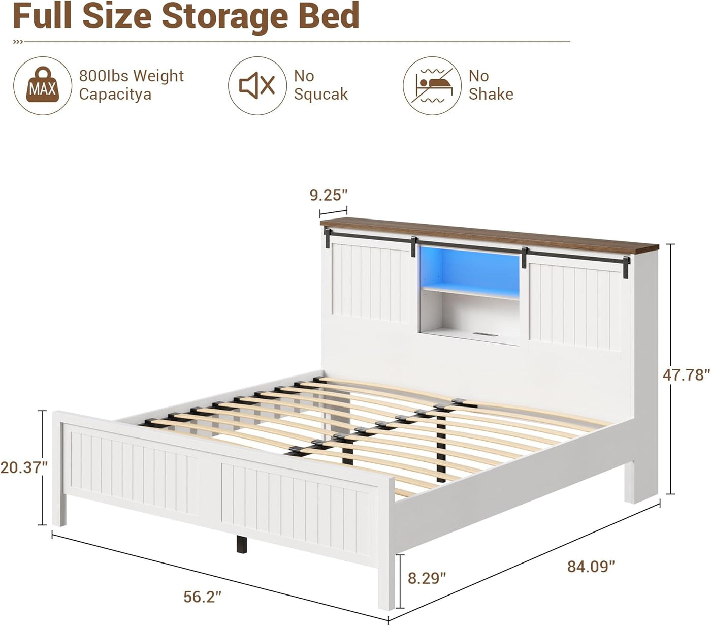 Farmhouse Bed Frame Full Size with LED Lights and Charging Station - $170