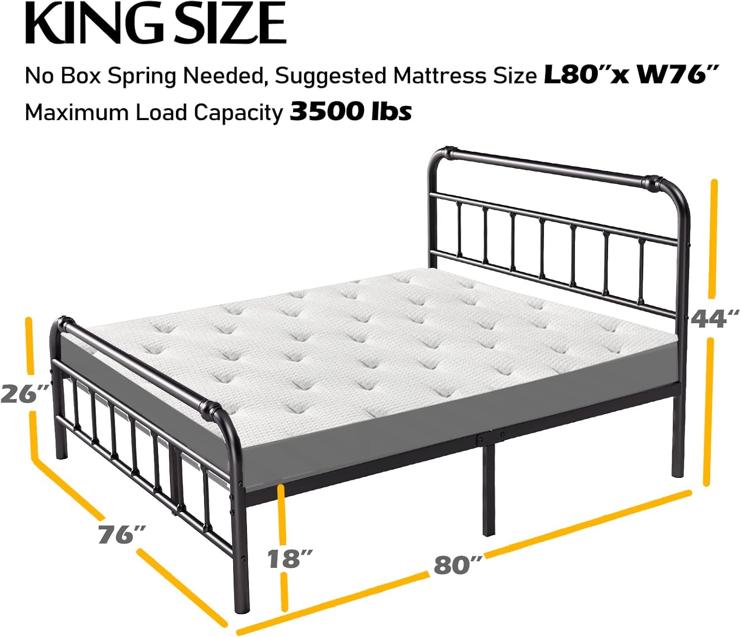 King Size Bed Frame with Headboard and Footboard, 18 Inches High, Black - $150