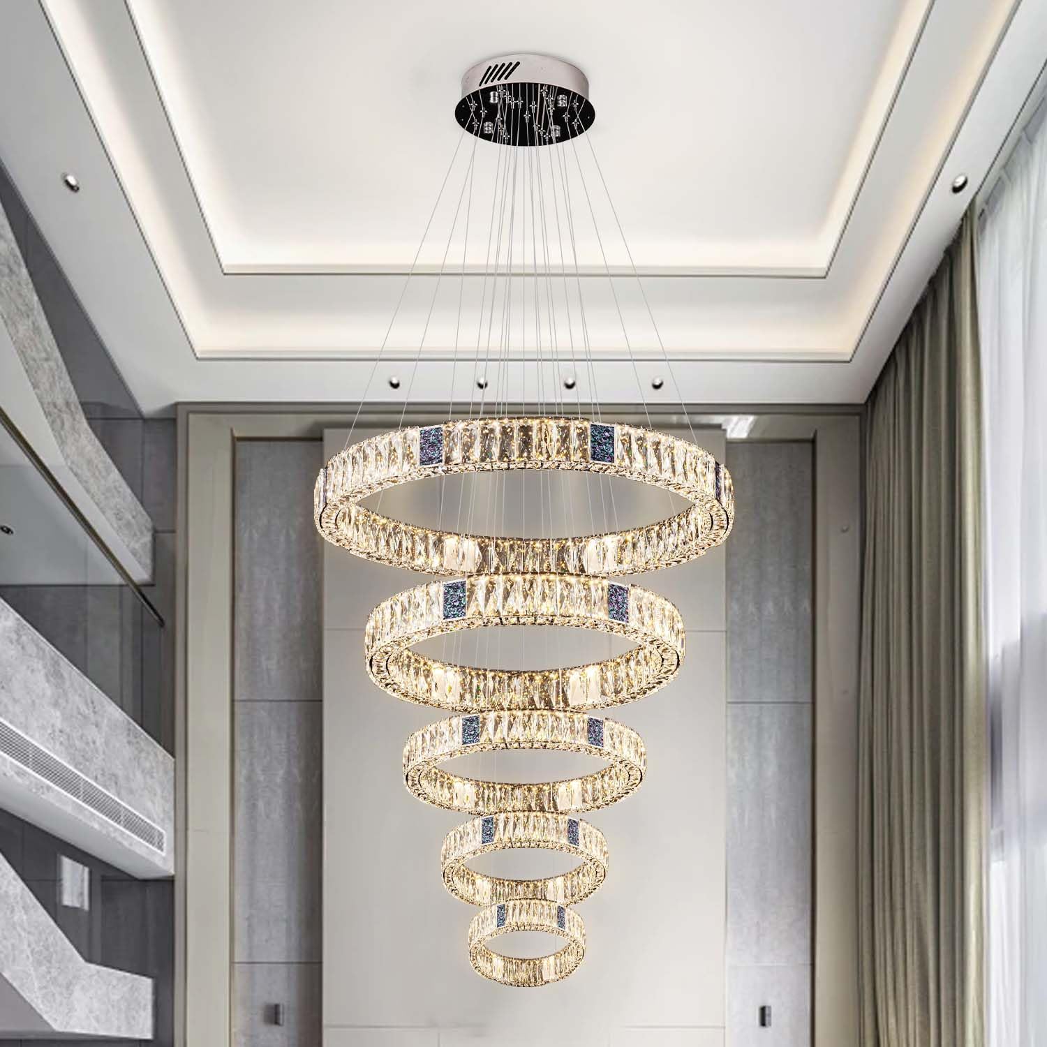 Modern Crystal Chandelier Lighting, Large 5 Ring Adjustable Stainless Steel LED - $515