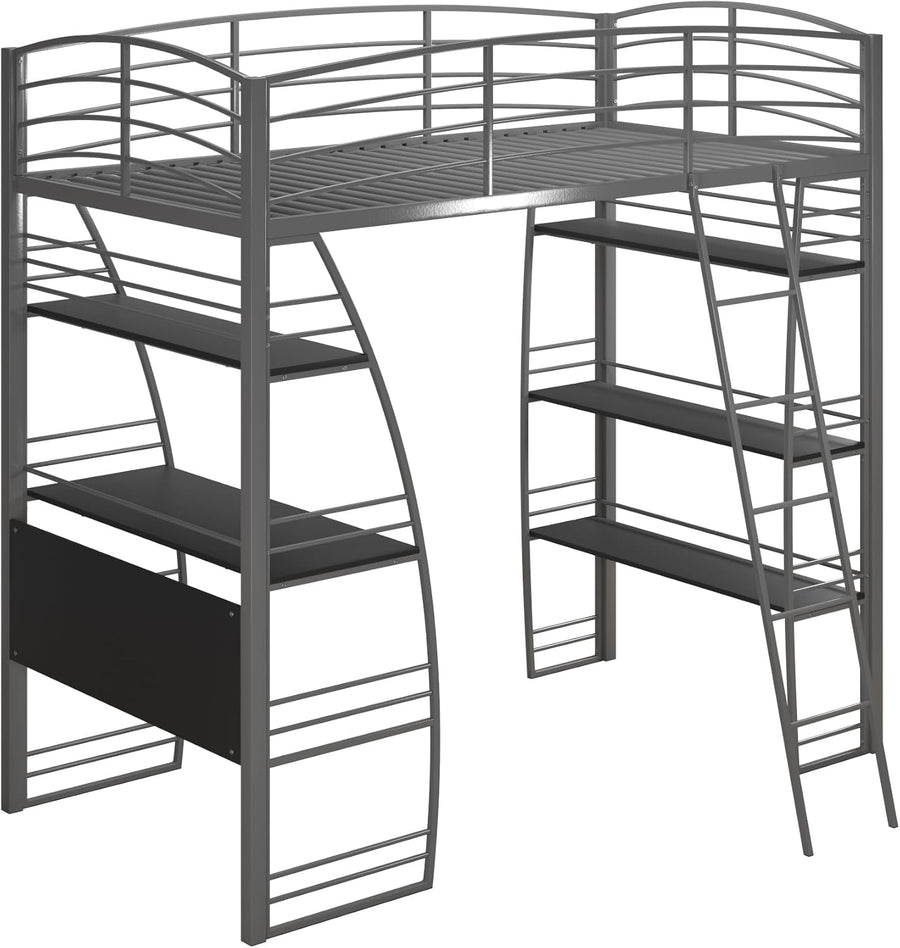 DHP Studio Loft Bunk Bed Over Desk and Bookcase with Metal Frame, Twin, Gray Gray - $185