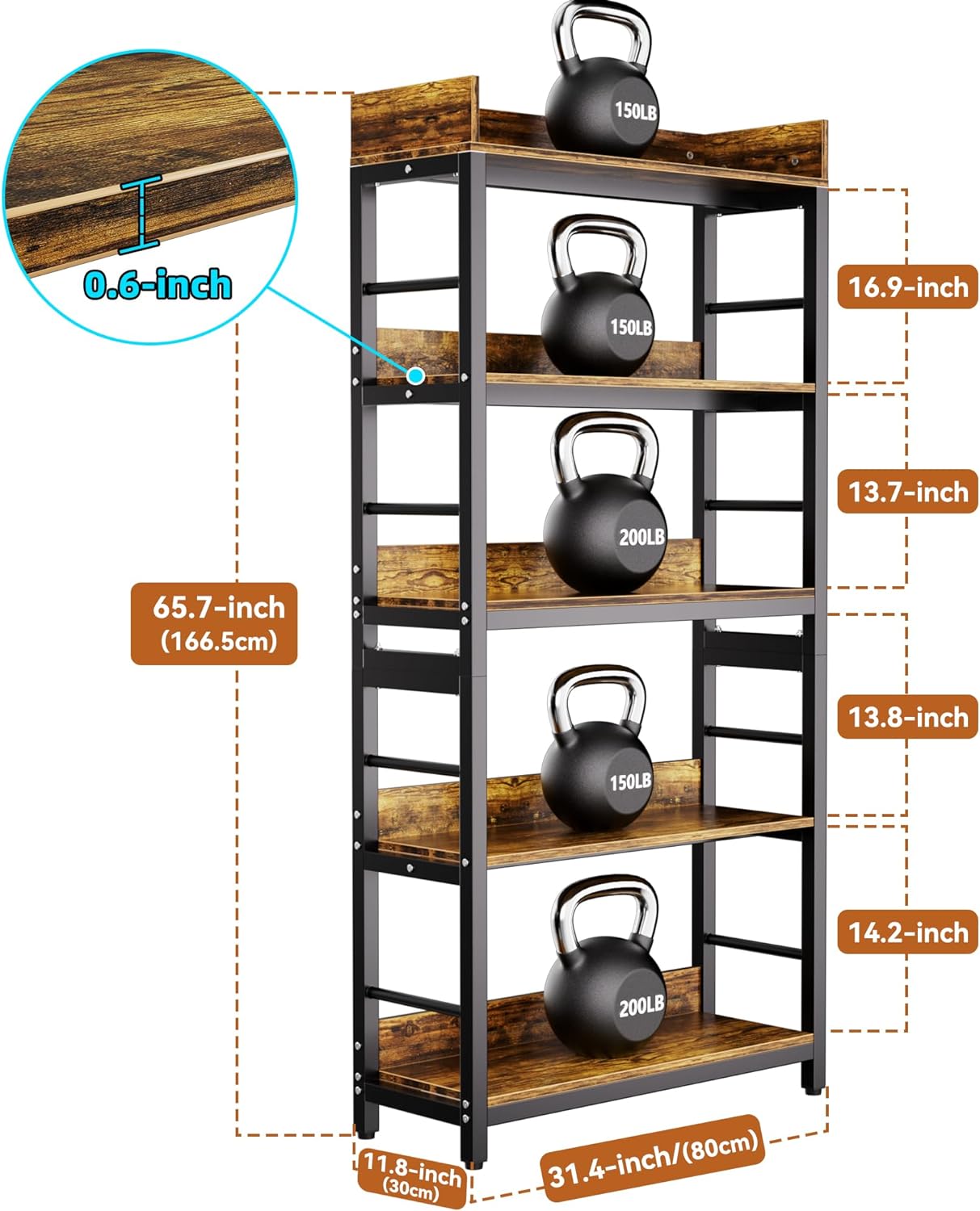 Aquzee Bookshelf, 5 Tiers Industrial Bookcase Wood & Metal, 66" H x 31" W x 12" - $90