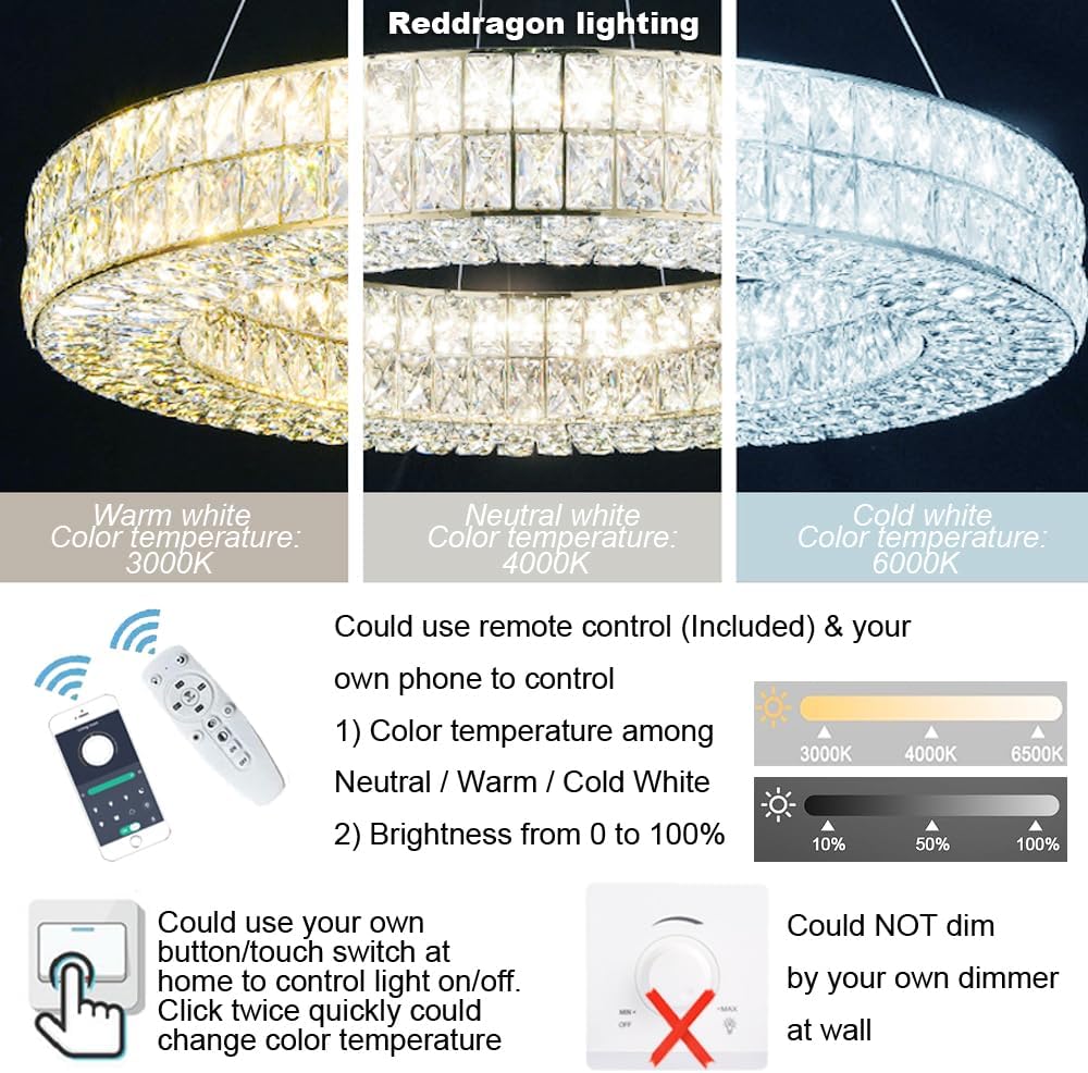 Remote Control Large Chrome Crystal Chandelier Dimmable Silver Round Ring LED - $420