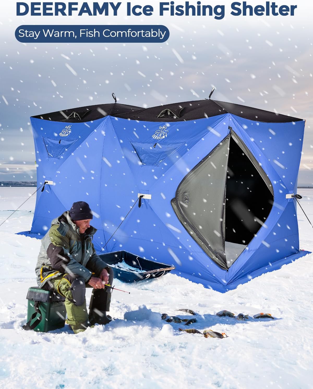DEERFAMY Ice Fishing Shelter, 3/4/6/8 Person Ice Fishing Tent, Pop up Ice  Shanty with Carrying Bag, Ice Anchors, Red/Blue