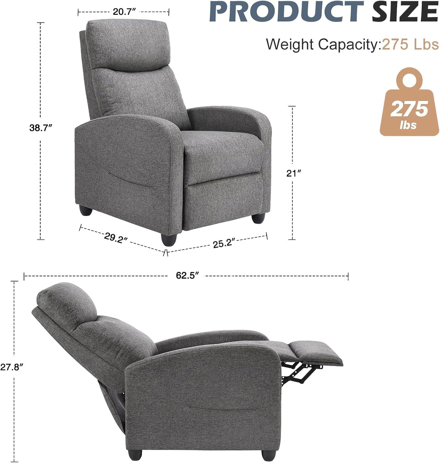 Sweetcrispy Recliner Chair for Adults, Massage Fabric Small Recliner - $80