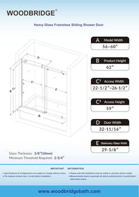 WOODBRIDGE Frameless Bathtub Shower Door,56" - 60" Width,62" Height, 3/8" (10 mm) - $425