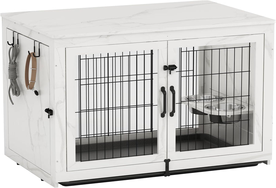 Piskyet Wooden Dog Crate Furniture with 360°Rotatable Removable Dog Bowls - $120