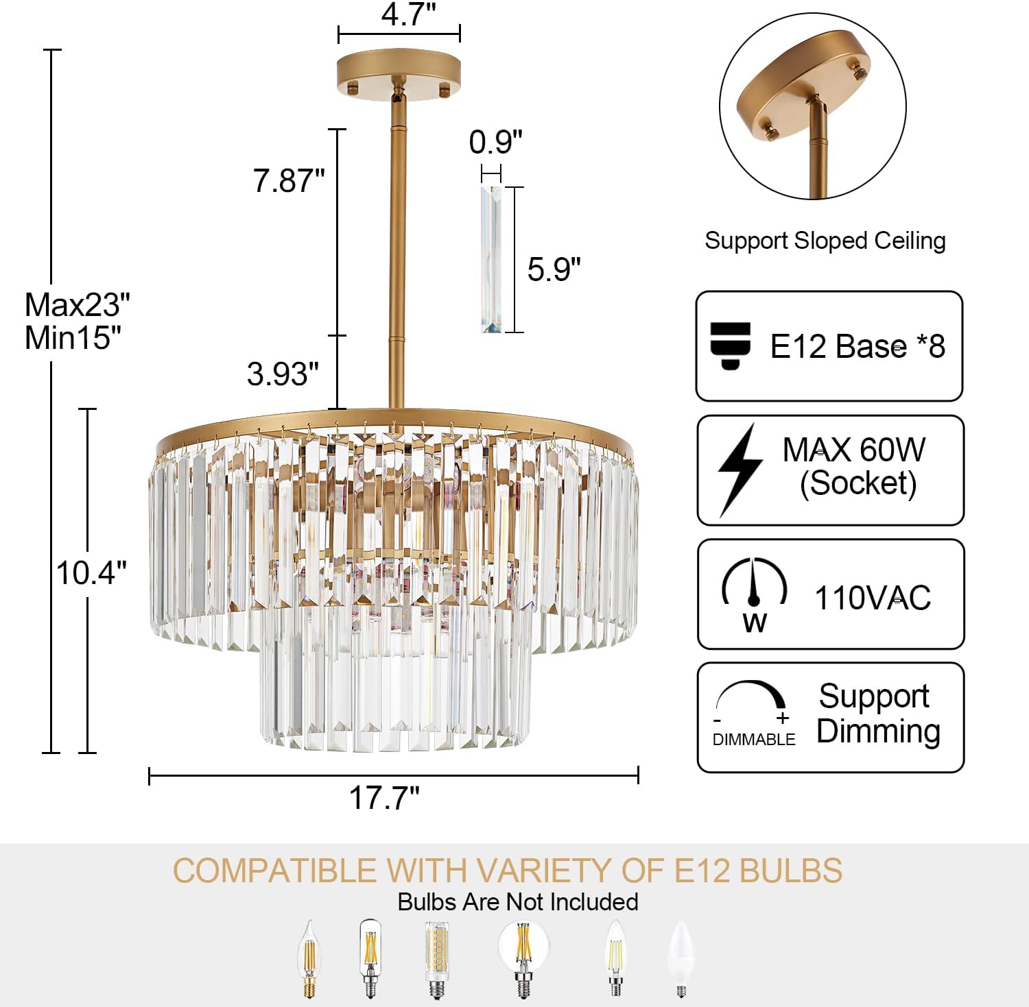 17.7“ Gold Semi Flush Mount 2-Tier Crystal Ceiling Light Fixtures - $90