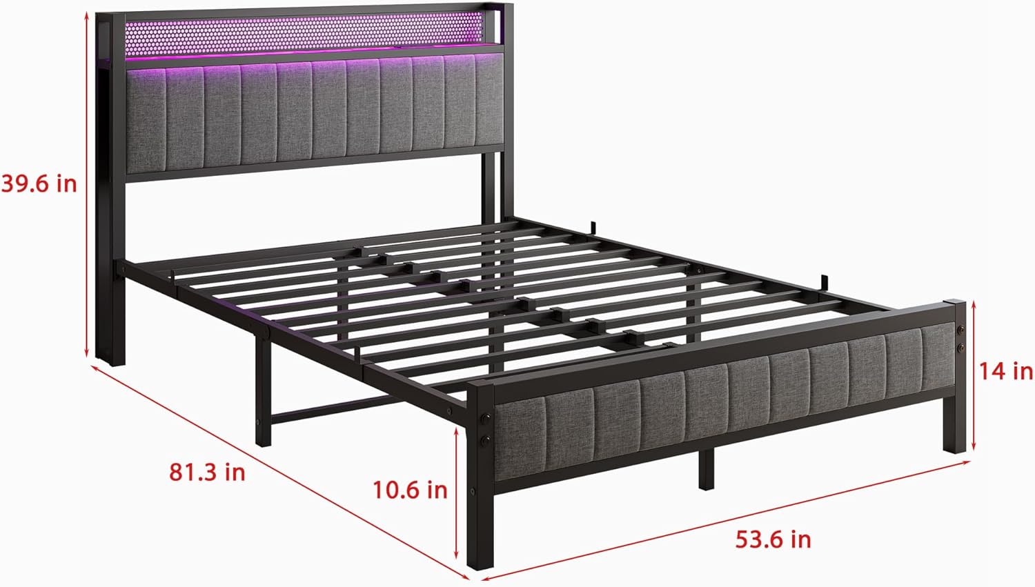 BOFENG Full Size Bed Frame with Storage Headboard/LED Lights, Heavy Duty - $110