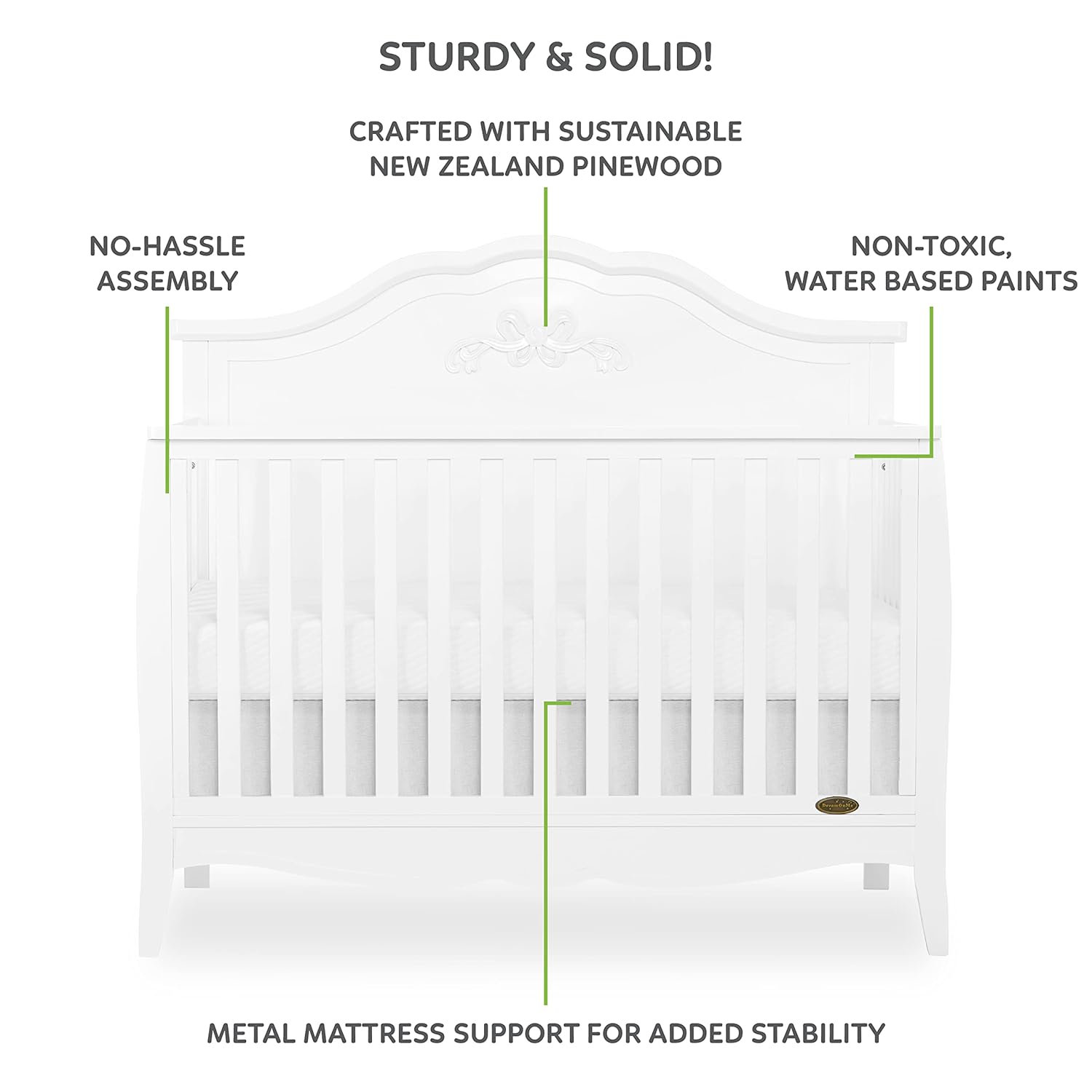 SweetPea Baby Jasmine 4-in-1 Convertible Crib in White, 3 Mattress Height Settings - $205