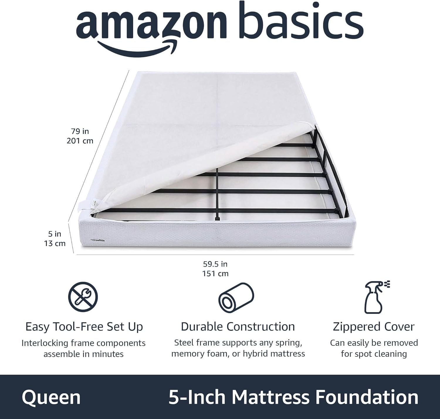 Amazon Basics Smart Box Spring Bed Base, Queen, 79"L x 59.5"W x 5"H, White - $70