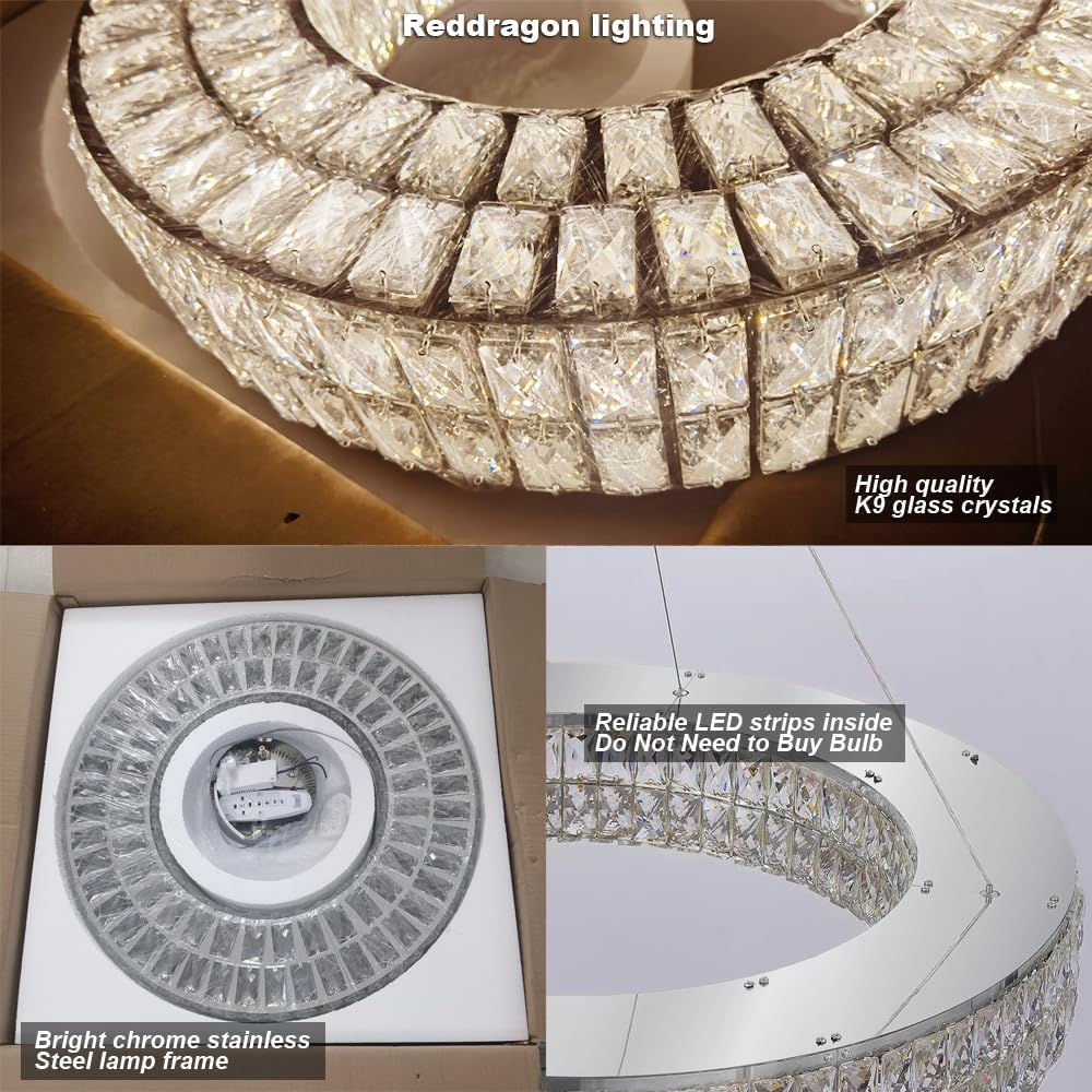 Remote Control Large Chrome Crystal Chandelier Dimmable Silver Round Ring LED - $420