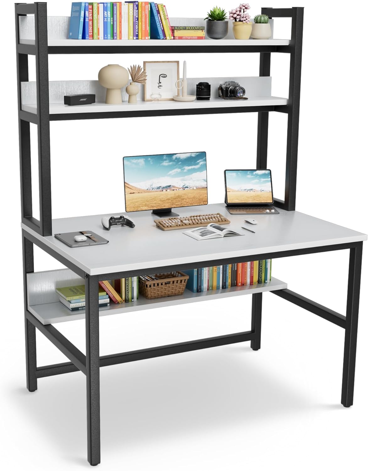 Aquzee Desk with Hutch and Shelves, 55 inch White Computer Desk - 120