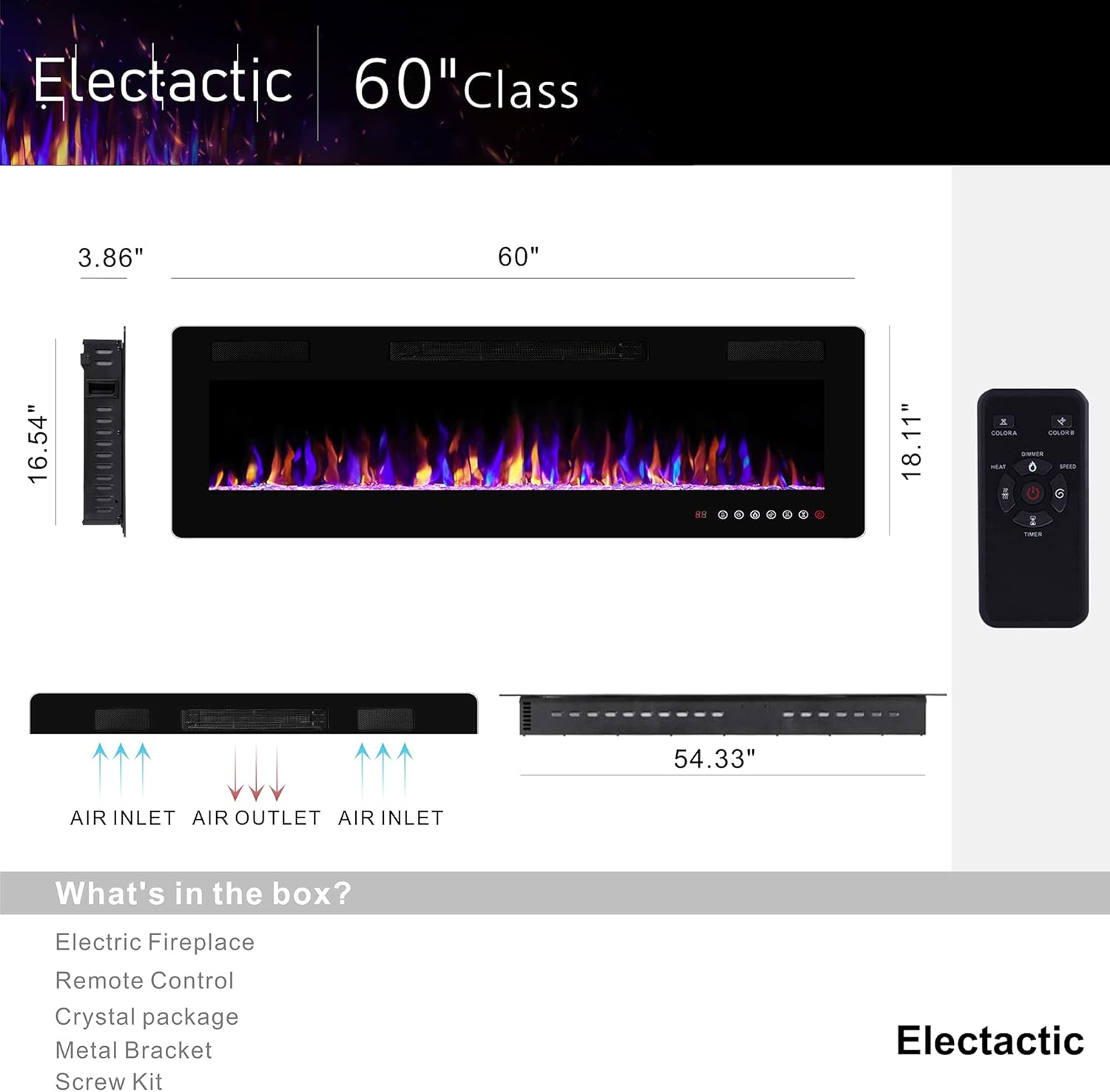 60 inches Electric Fireplace Recessed and Wall Mounted, Fireplace Heater - $150