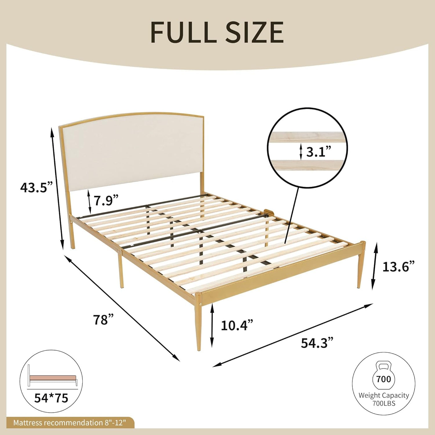 YUHUASHI Platform Metal Bed Frame, Simple Design (Beige & Gold, Full) - $325