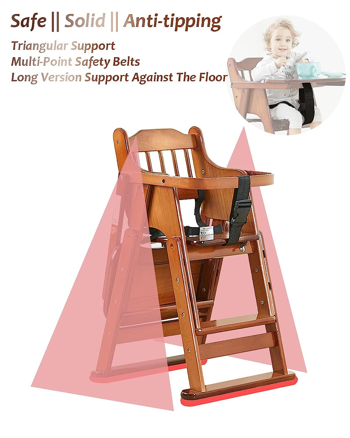 Wood High Chair with Tray, Baby Folding Highchair with Safety Belt (6 mo - 7 yr) - $95
