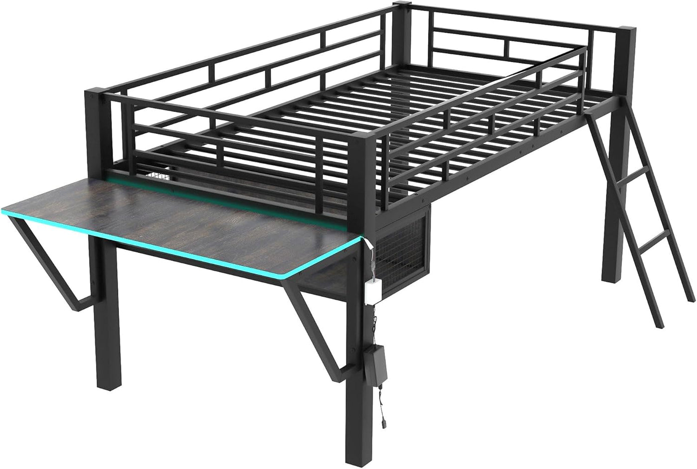 Harper & Bright Designs Gaming Mid Loft Bed Frame with Desk, LED, Twin, Black - $110