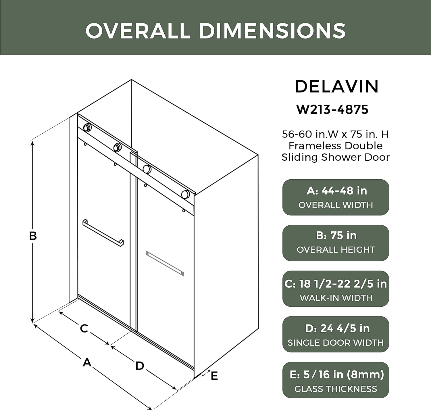 DELAVIN 48" W x 75" H Frameless Shower Door, Double Sliding Shower Door - $335