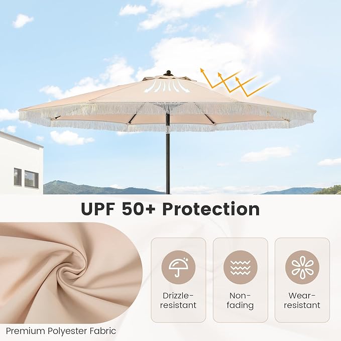 HAPPYGRILL 9 FT Patio Umbrella with Fringe, Outdoor Tassel Umbrella (Beige) - $45