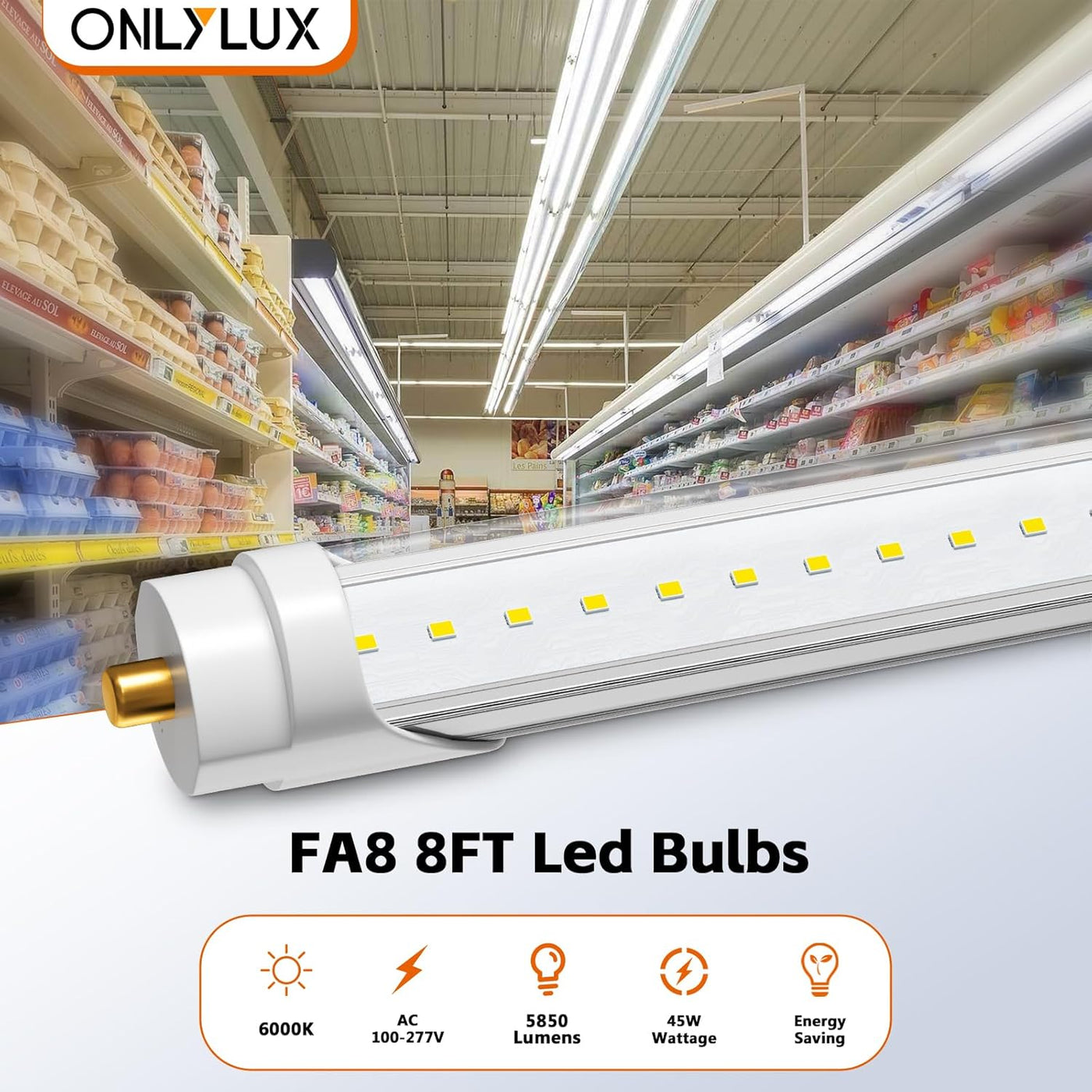 8 Foot Led Lights, T8 96" 45Watt FA8 Single Pin LED Shop Lights 5850LM - $95