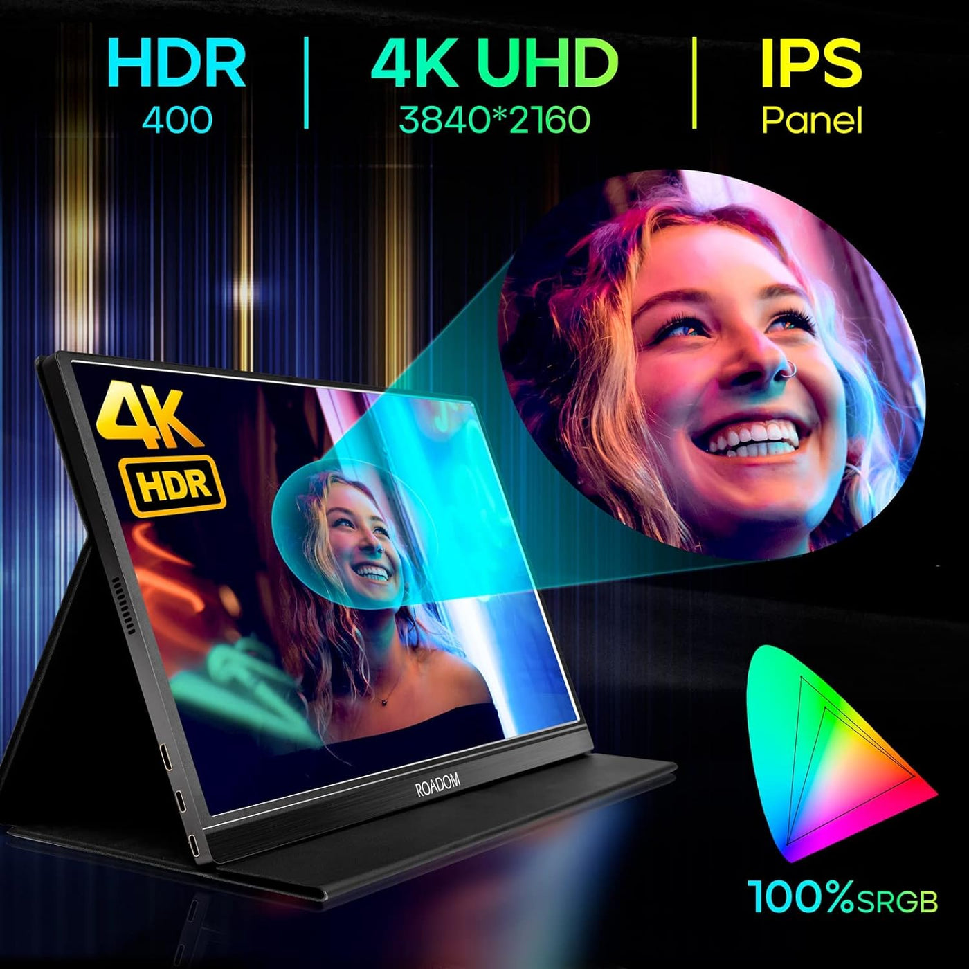 ROADOM 4k Portable Monitor,15.6'' IPS Ultra HD 3840x2160,100% Adobe RGB - $155