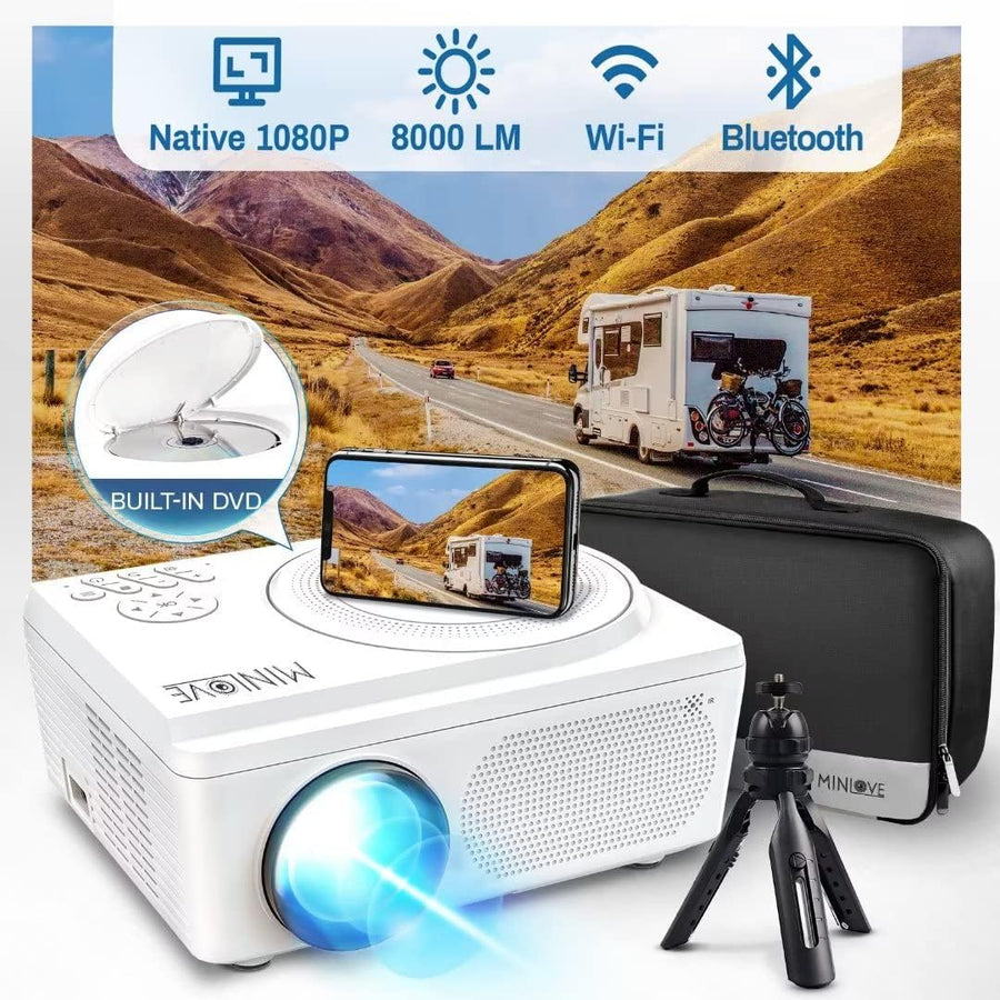 MINILOVE Native 1080P WiFi Bluetooth Projector Built in DVD Player - $80