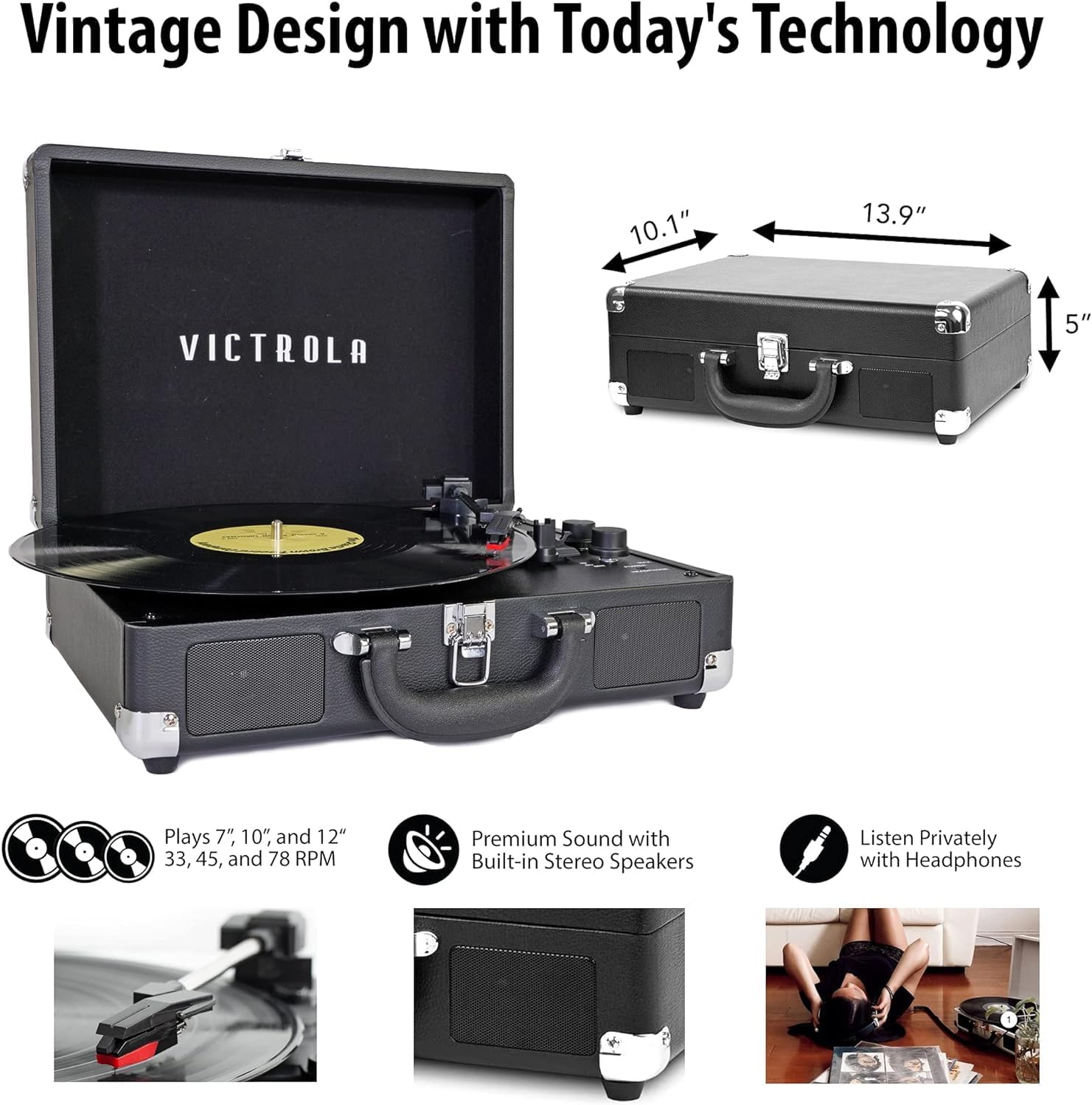 Victrola Journey+ Bluetooth Suitcase Record Player, Black VSC-400SB-BLK - $50