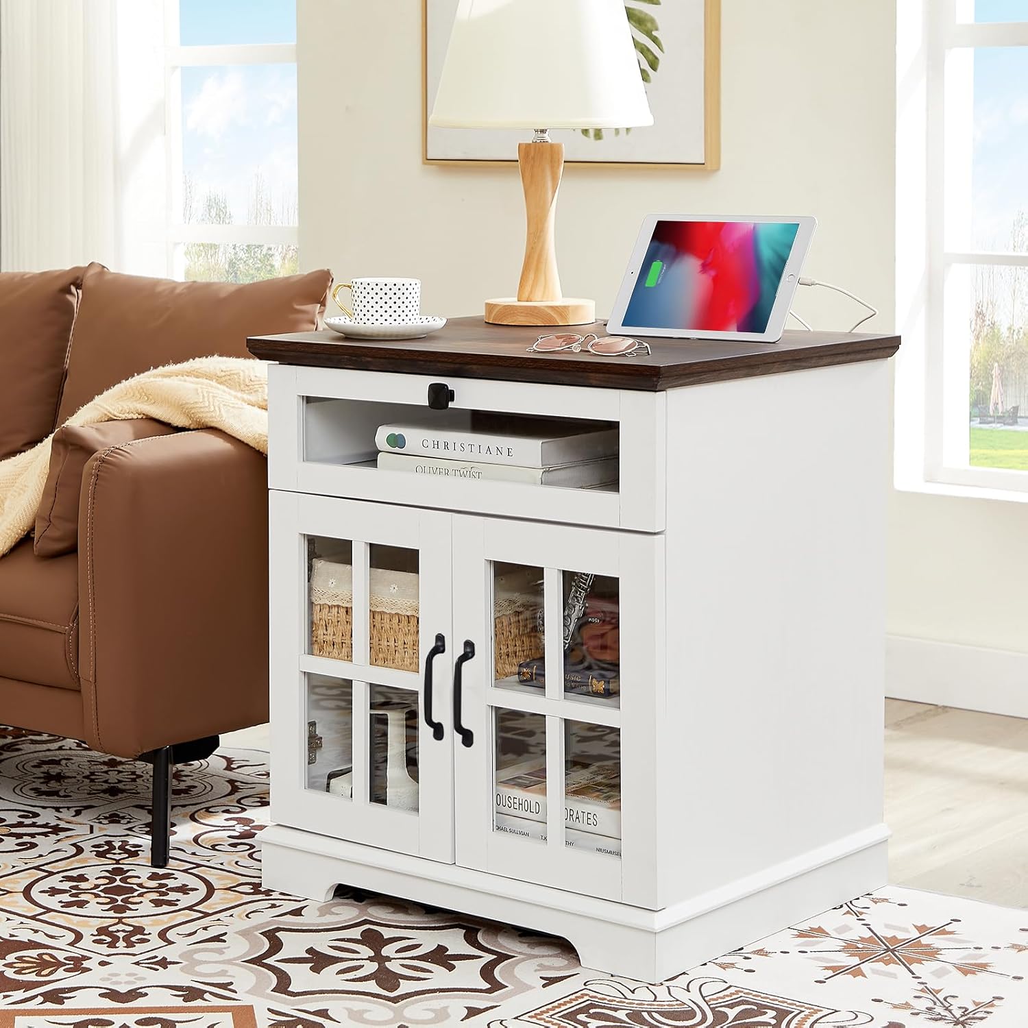 NONGSHIM Farmhouse End Table with Drawer, 24" Large Sofa Side Table - $80