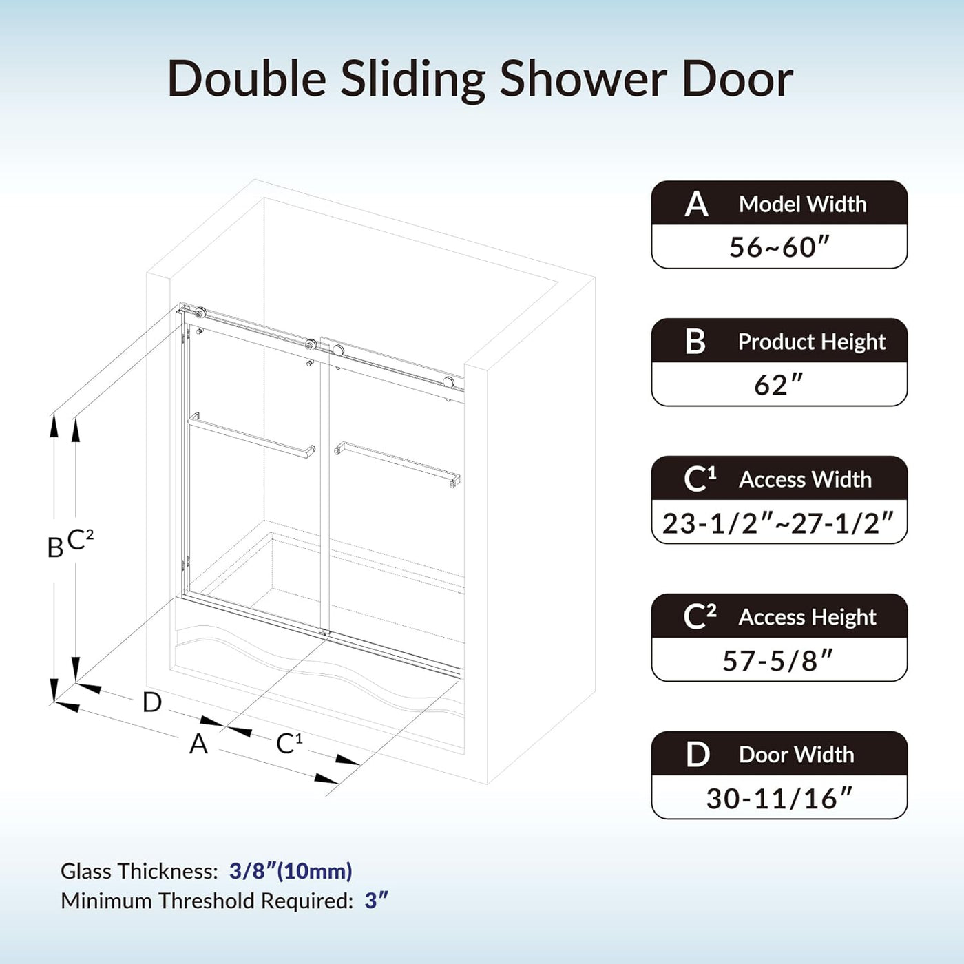 WOODBRIDGE Frameless Bathtub Shower Doors 56-60" Width x 62" Height with 3/8"(10mm) - $405