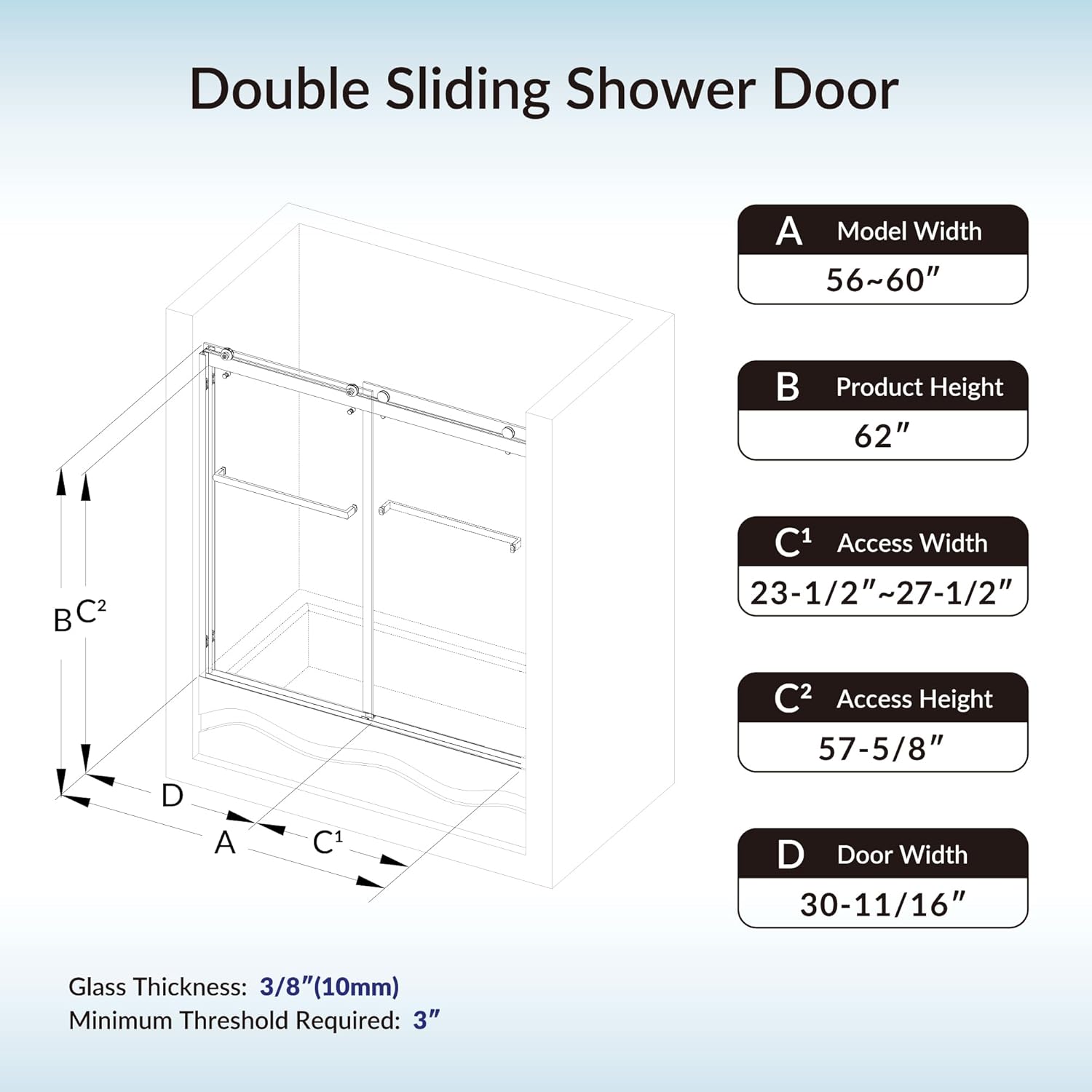 WOODBRIDGE Frameless Bathtub Shower Doors 56-60" Width x 62" Height with 3/8"(10mm) - $405