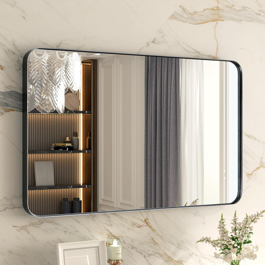 60x30 Inch Black Bathroom Mirror, Brushed Metal Framed Rectangle Mirror - $180