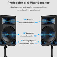 PA Bluetooth Speaker 15" (Pair) Bundle with 2X Steel Speaker Stand,Dual Speaker - $240