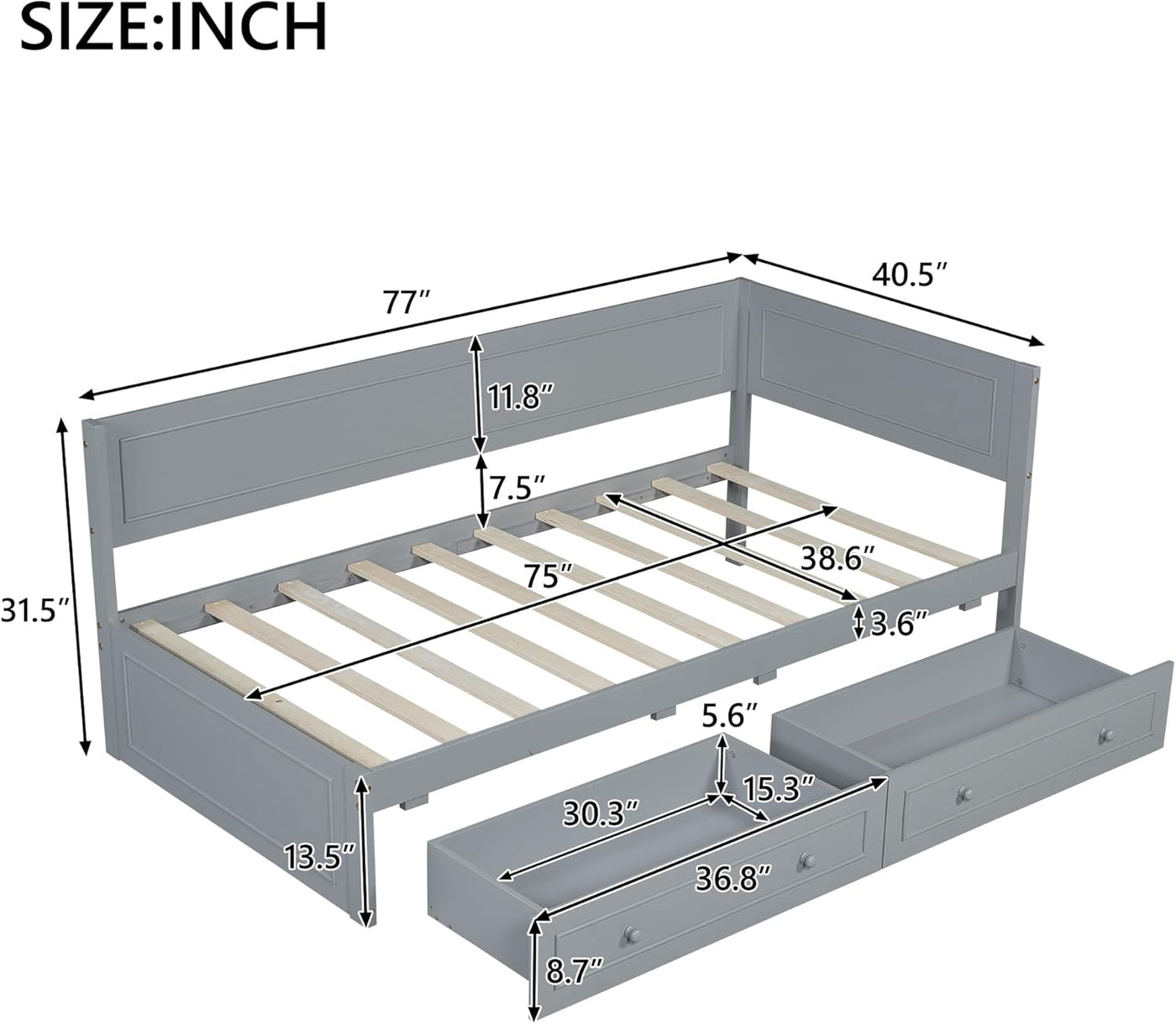 Wood Twin Daybed Frame with 2 Storage Drawers, L-Shaped Corner Unit, Gray - $110