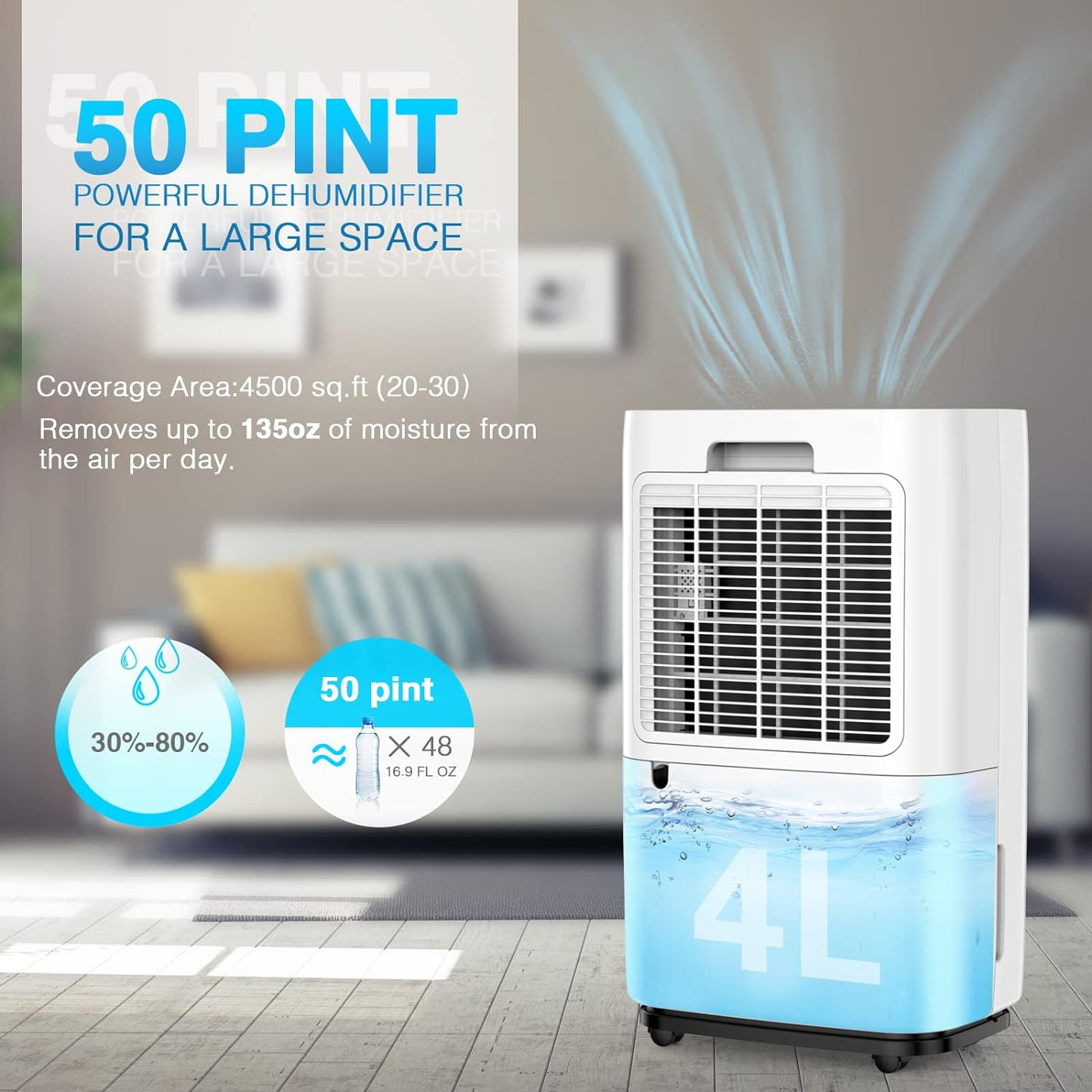 Dehumidifiers for Large Room or Basements, 50 Pint for 4500 Sq.ft Dehumidifier - $105