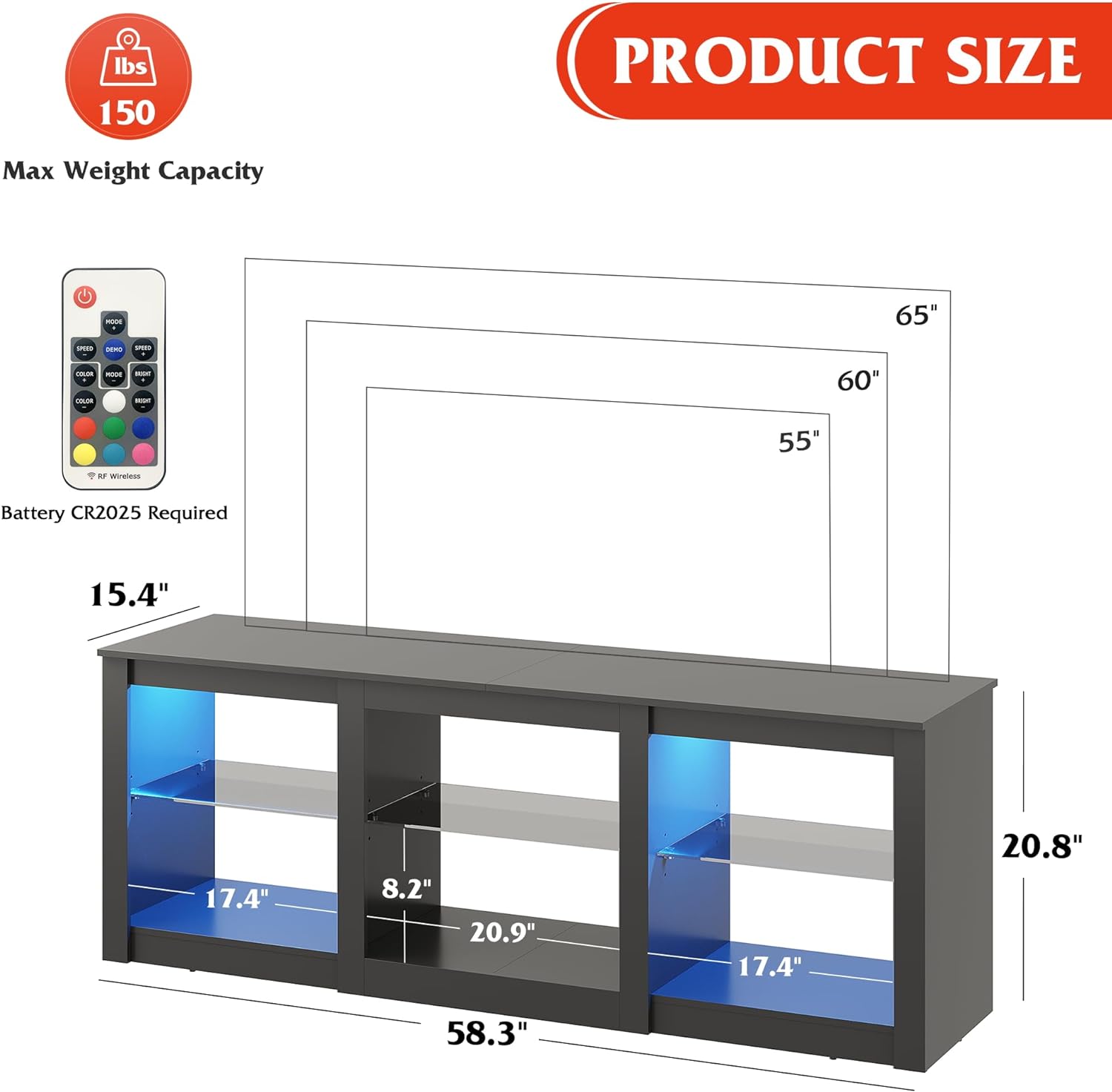 WLIVE TV Stand with LED Lights for TVs up to 65 inch, Black - $75