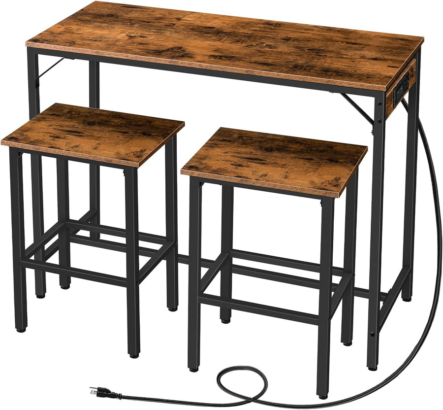 Bar Table Set with Power Outlet, Bar Table and Chairs Set, 3-Piece Pub Table Set - $70