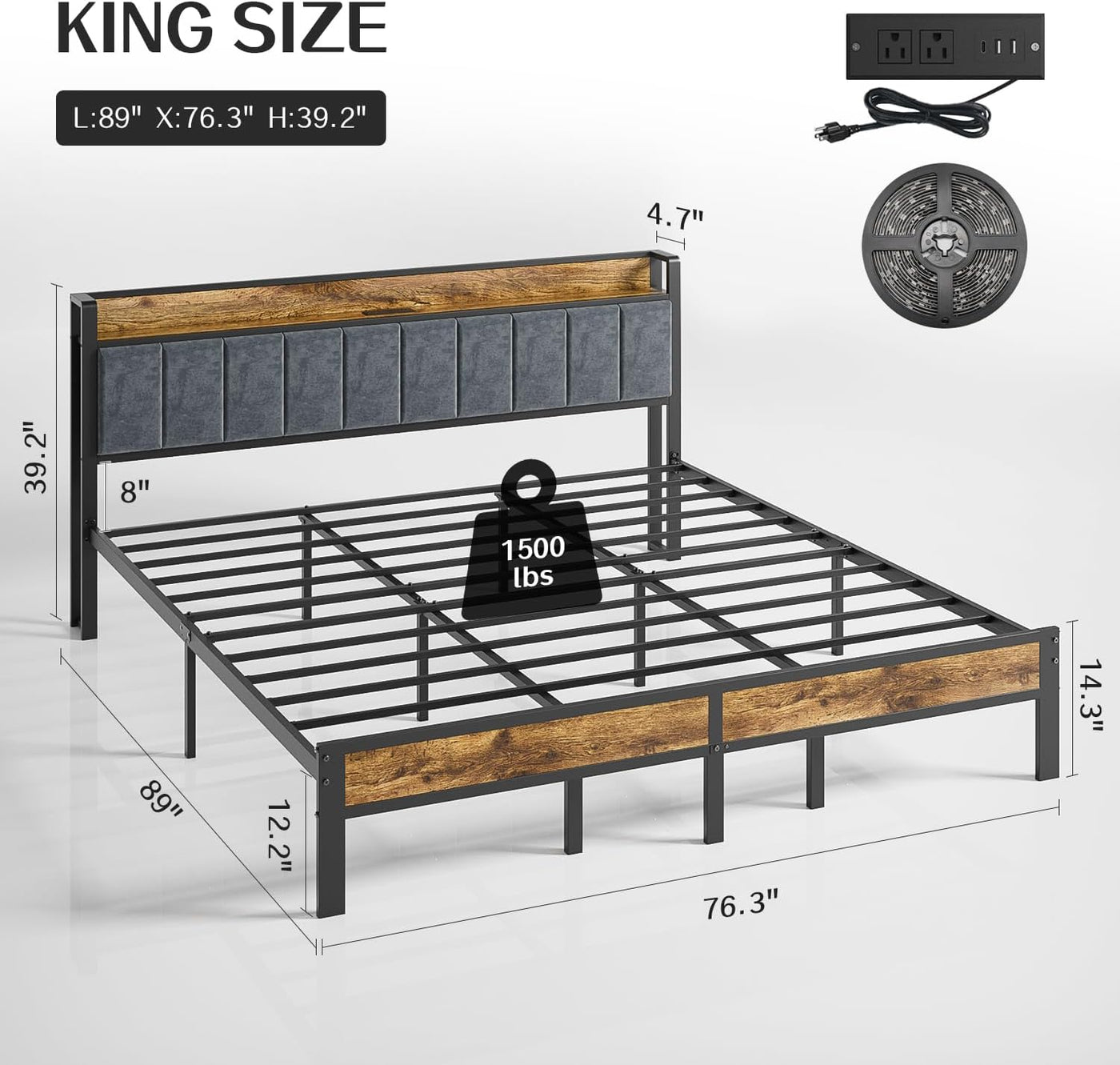 King Size Bed Frame with Smart LED Lights, Storage Headboard - $130