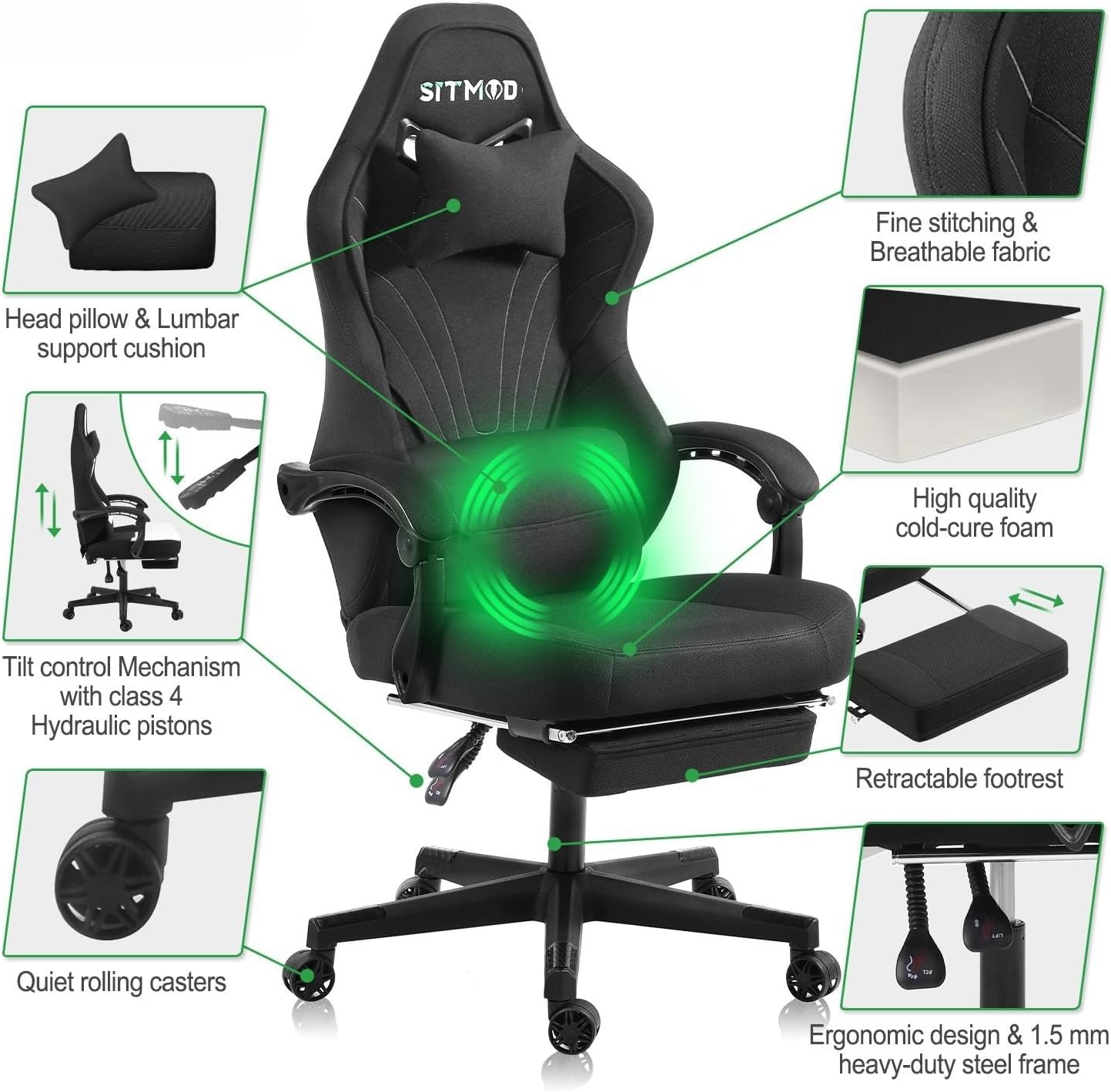 Ulody Gaming Chair Big and Tall Gaming Chair with Footrest Black