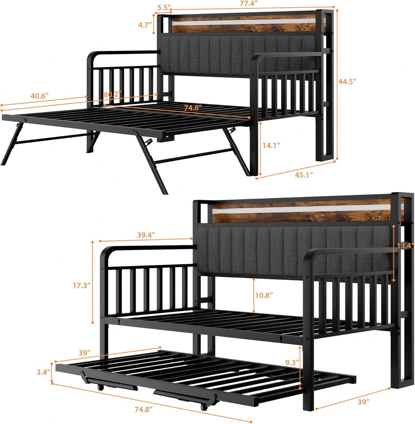 Daybed with Trundle and LED Light, Heavy Duty Metal Twin Bed Frame - $155