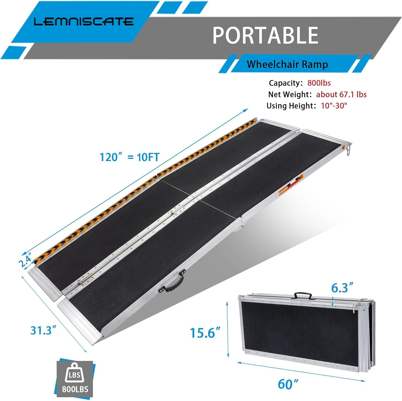 LEMNISCATE Portable Wheelchair Ramp 10FT, 120"L x 29.2”W - $265