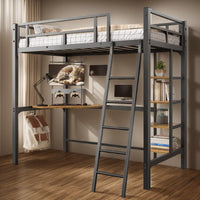 soges Metal Loft Bed Twin Size with Desk & Shelves, Heavy Duty, Black - $155