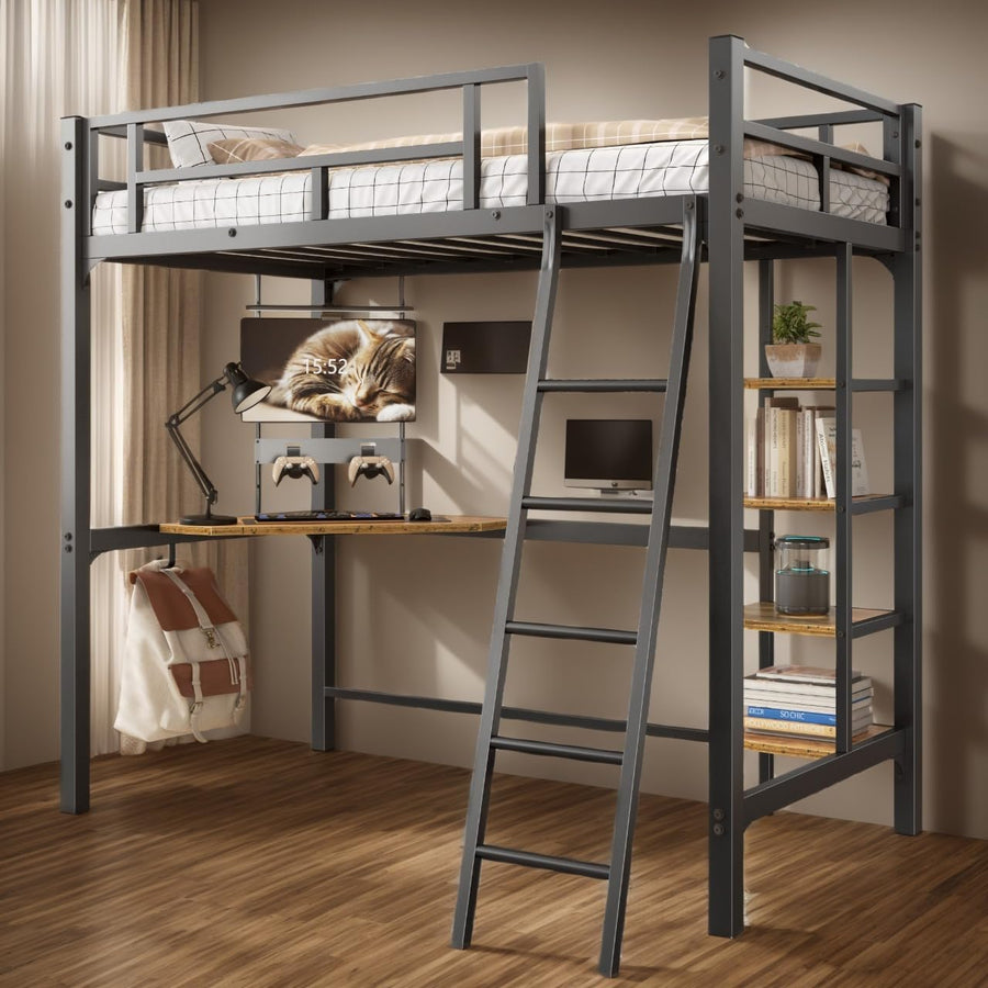 soges Metal Loft Bed Twin Size with Desk & Shelves, Heavy Duty, Black - $155