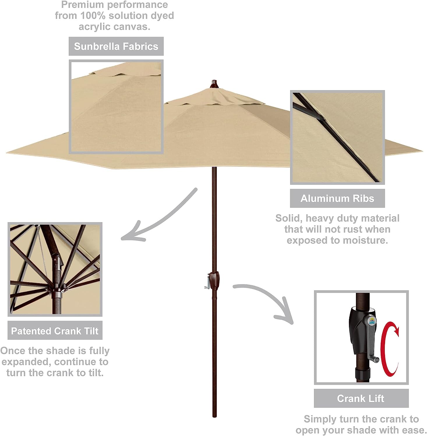 California Umbrella 9 ft. Champange Auto Tilt Crank Lift, Antique Beige Sunbrella - $120