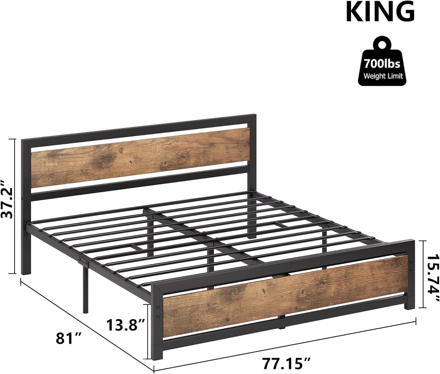 IDEALHOUSE King Size Bed Frame, Wooden Headboard & Footboard, Rustic Brown - $120