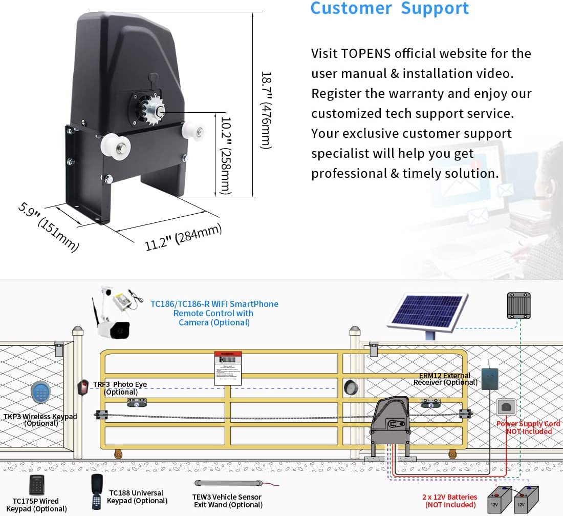TOPENS DKC1100S Solar Sliding Gate Opener Chain Drive - $425