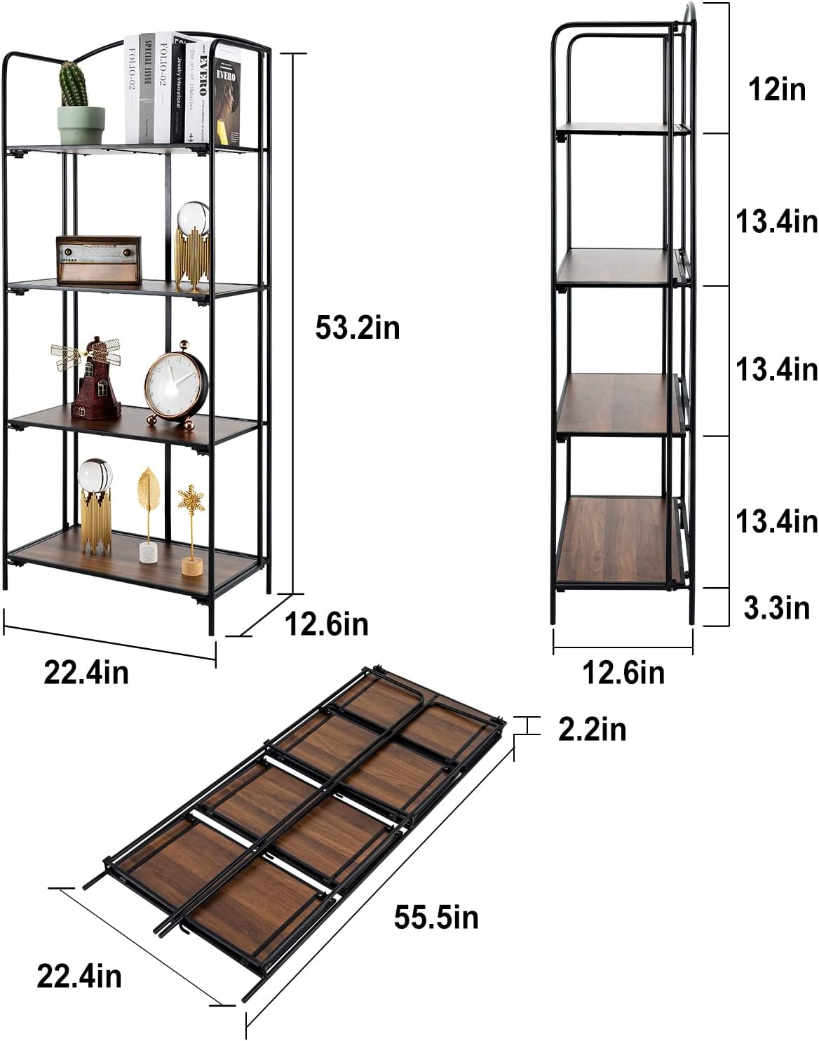 Crofy No Assembly Folding Bookshelf for Living Room, 4 Tier Black Collapsible - $60