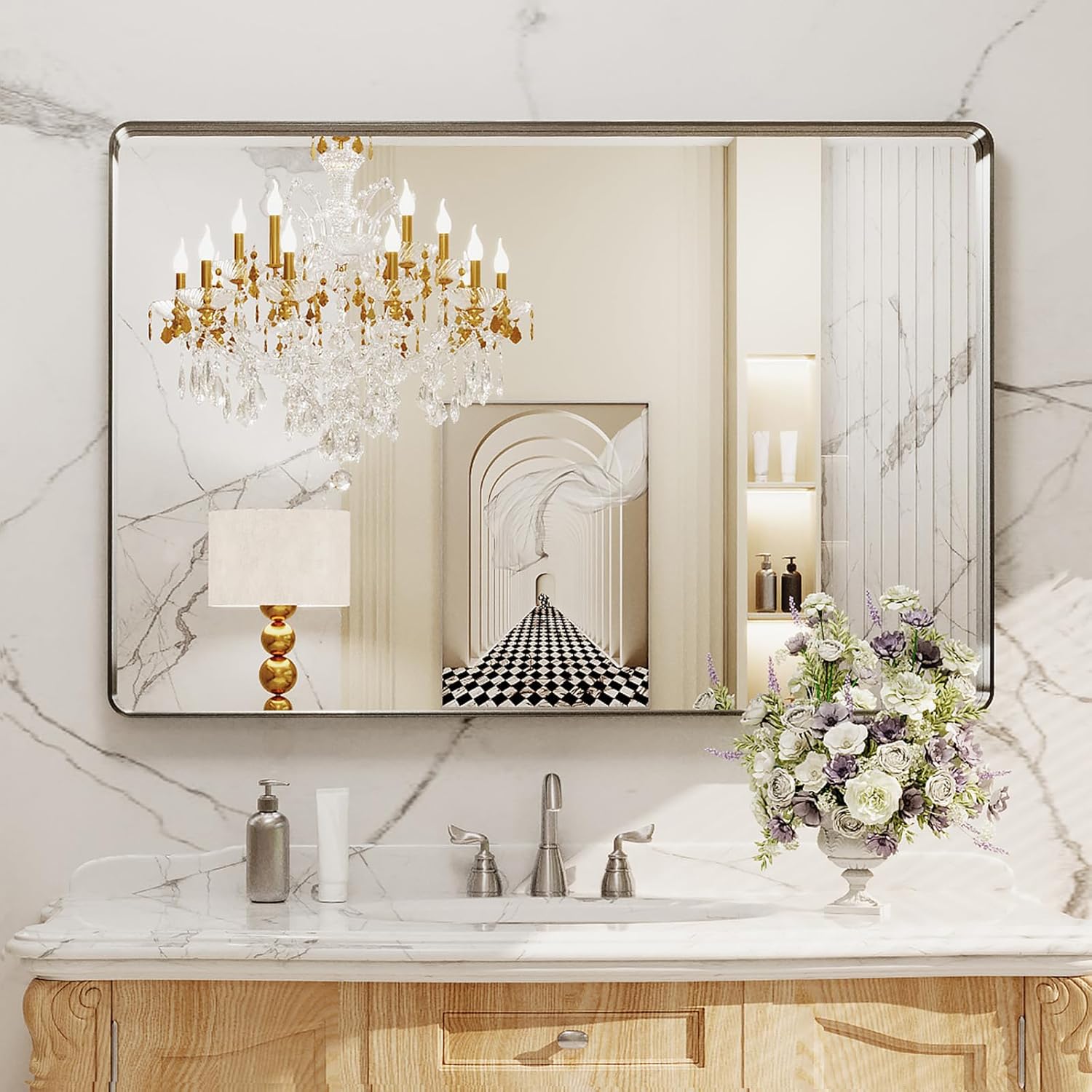 LOAAO 48X30 Inch Brushed Nickel Bathroom Mirror, Rounded Rectangle - $115