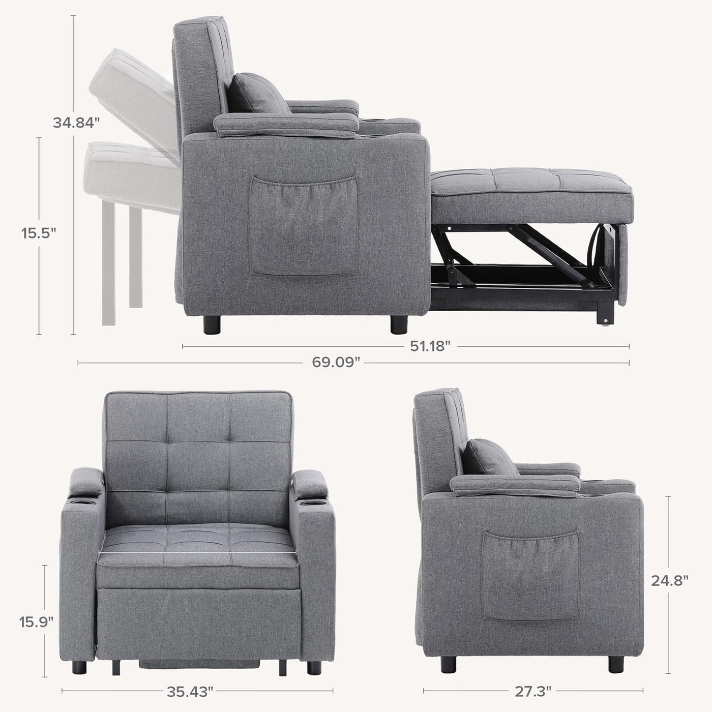 COMHOMA recliner sofa, Armchair Cup Holders, 3-in-1 Single Convertible, Grey - $300