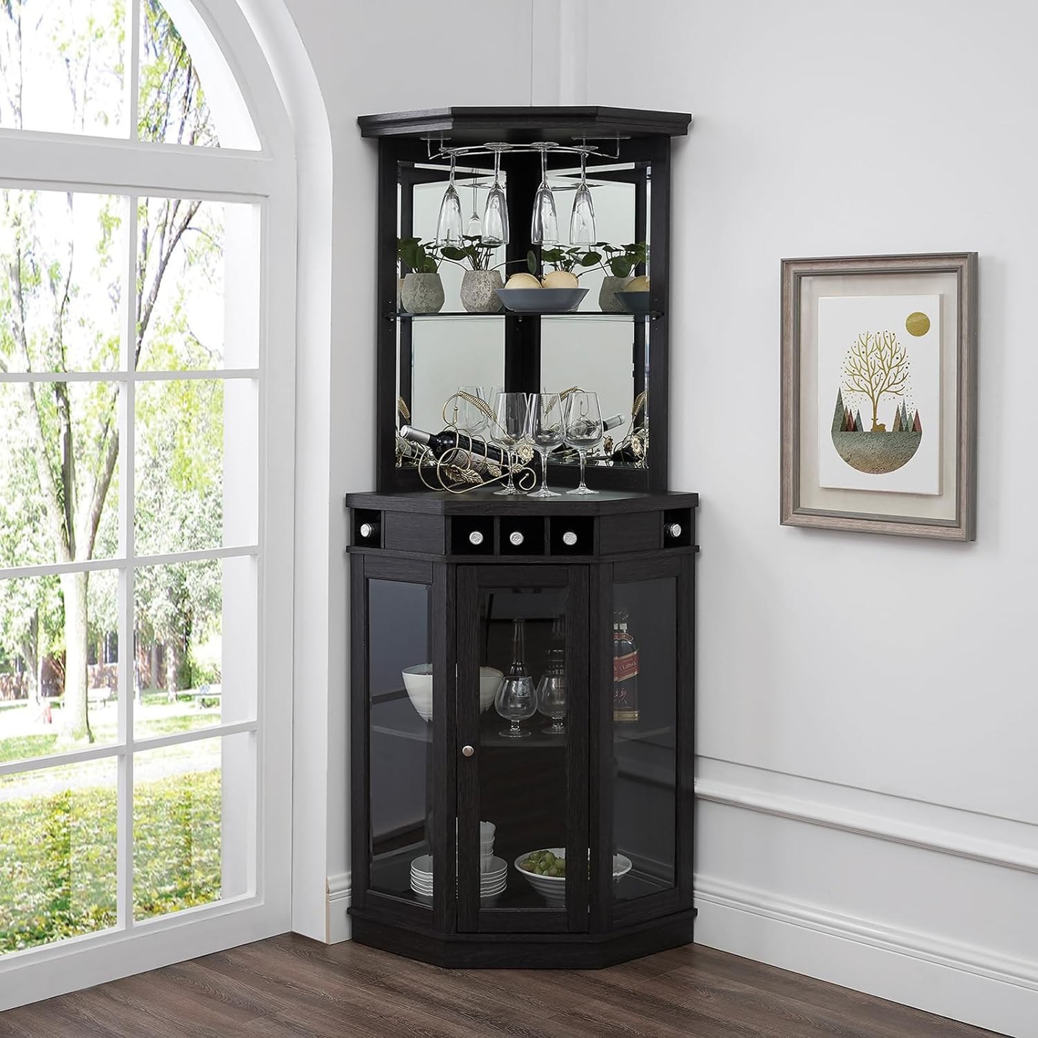 Home Source Corner Bar Unit 73" Charcoal with Two Glass Shelves - $170