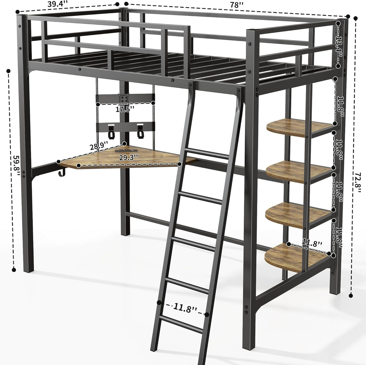 soges Metal Loft Bed Twin Size with Desk & Shelves, Heavy Duty, Black - $155